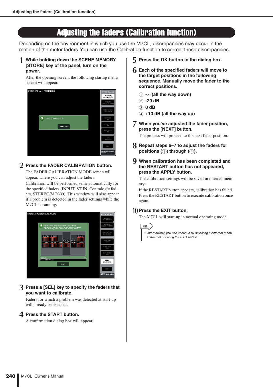 Adjusting the faders (calibration function) | Yamaha M7CL-32 User Manual | Page 240 / 312