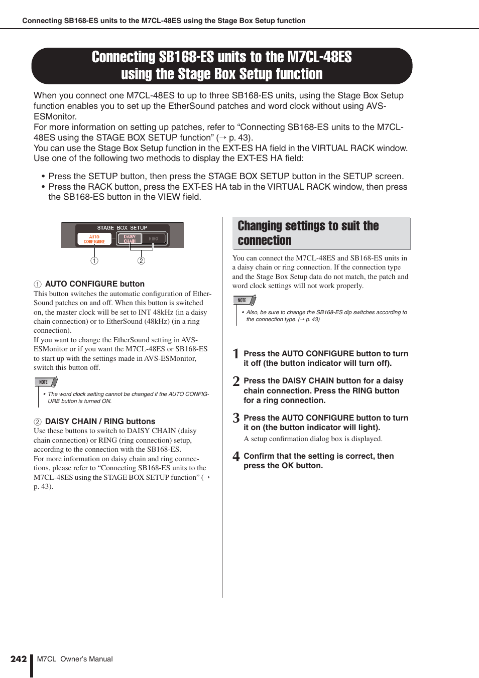 Changing settings to suit the connection, Connecting sb168-es units to the m7cl-48es, Using the stage box setup function | Er to “connecting sb168-es units to the m7cl-48es, P. 242) | Yamaha M7CL-32 User Manual | Page 242 / 312