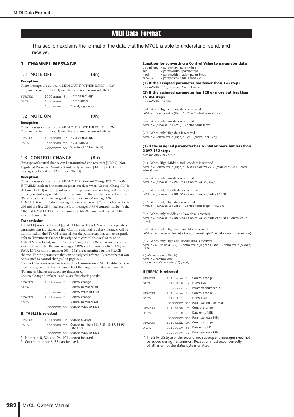 Midi data format | Yamaha M7CL-32 User Manual | Page 282 / 312
