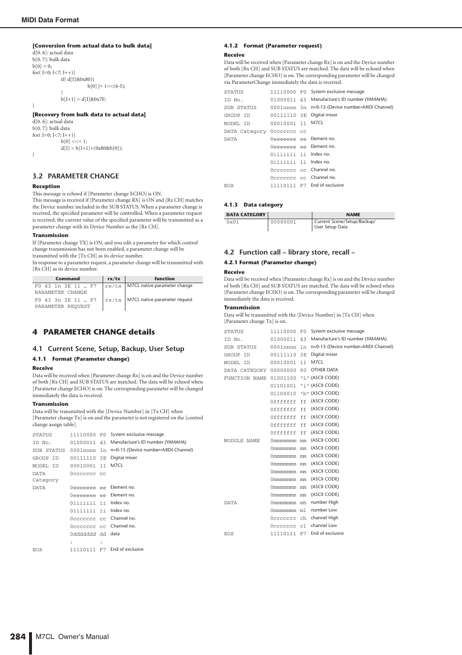 4 parameter change details, M7cl owner’s manual midi data format, 2 parameter change | 1 current scene, setup, backup, user setup, 2 function call – library store, recall | Yamaha M7CL-32 User Manual | Page 284 / 312