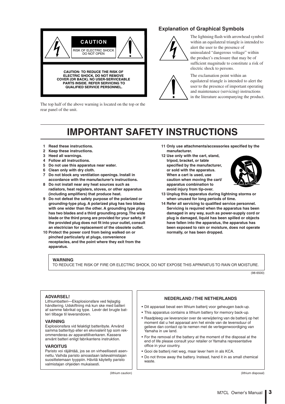 Important safety instructions, Explanation of graphical symbols | Yamaha M7CL-32 User Manual | Page 3 / 312