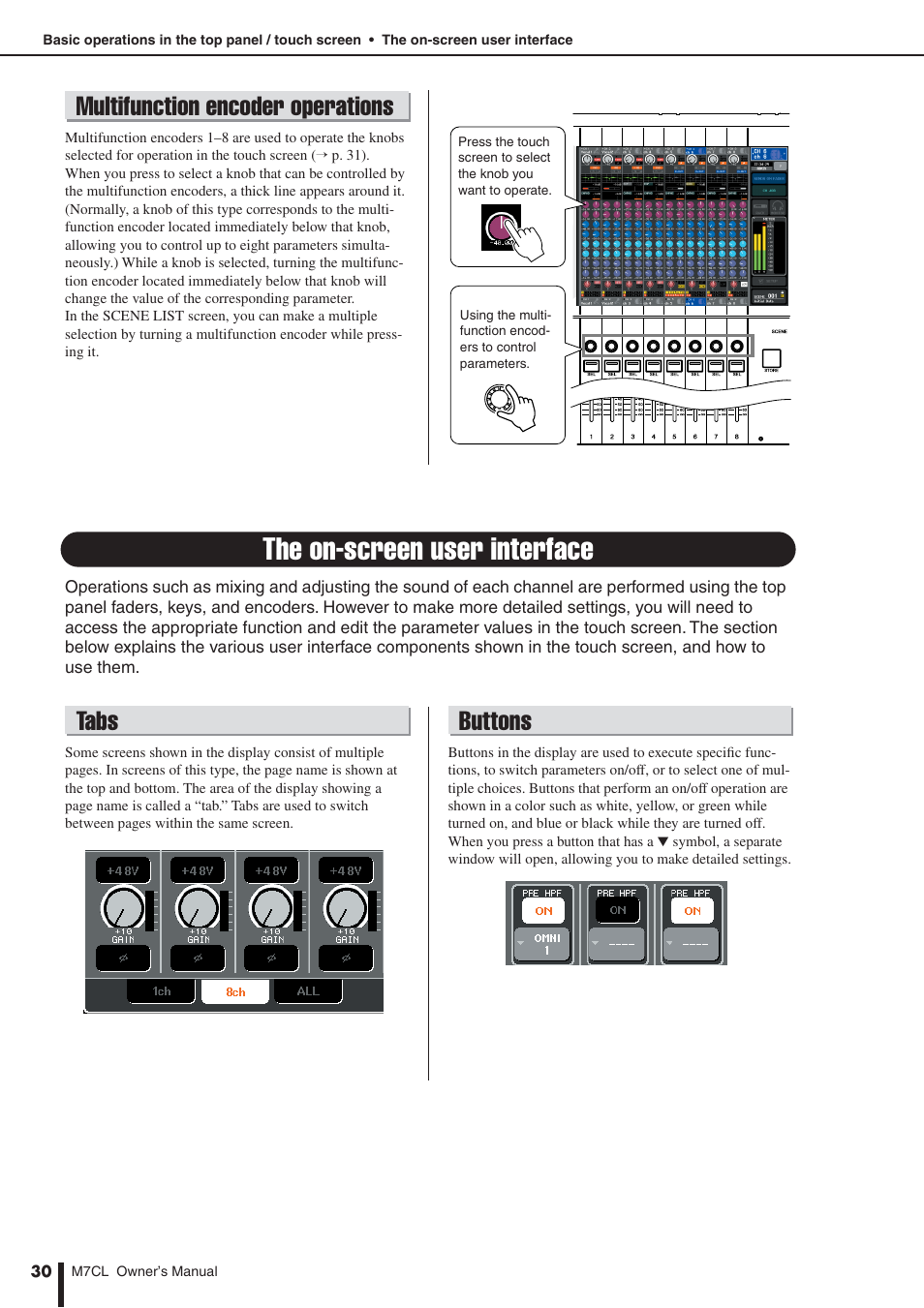 Multifunction encoder operations, The on-screen user interface, Tabs | Buttons, Tabs buttons | Yamaha M7CL-32 User Manual | Page 30 / 312