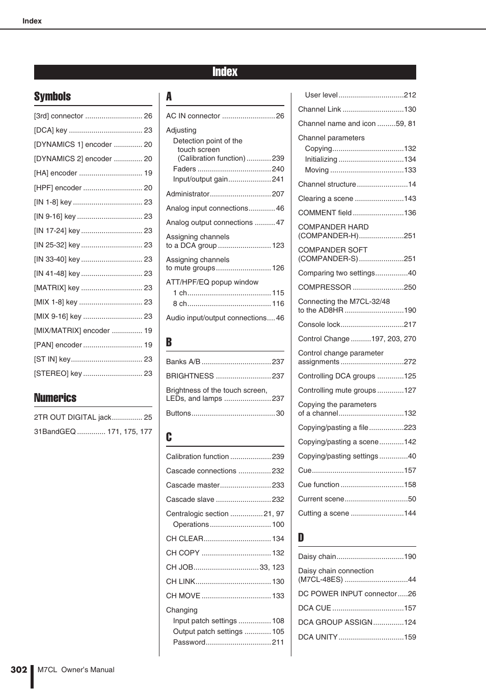 Index, Symbols, Numerics | Yamaha M7CL-32 User Manual | Page 302 / 312