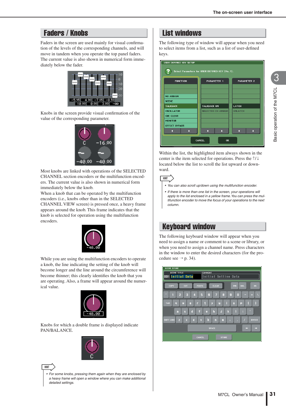 Faders / knobs, List windows, Keyboard window | Selected for operation in the touch screen, P. 31) | Yamaha M7CL-32 User Manual | Page 31 / 312