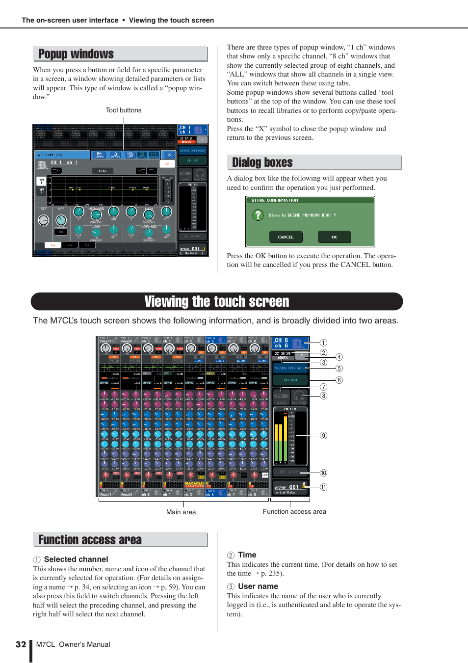 Popup windows, Dialog boxes, Viewing the touch screen | Function access area | Yamaha M7CL-32 User Manual | Page 32 / 312
