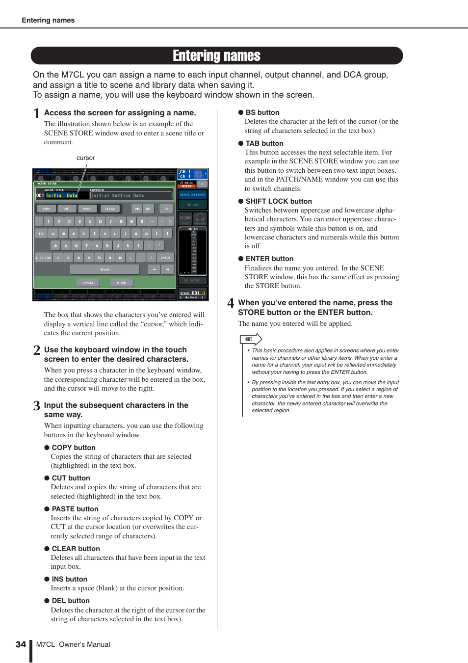 Entering names, Ing a name, P. 34, on selecting an icon | Yamaha M7CL-32 User Manual | Page 34 / 312