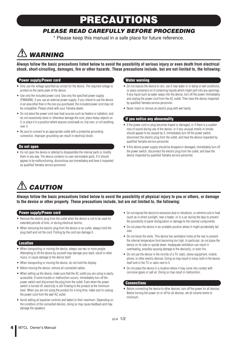 Precautions, Warning, Caution | Please read carefully before proceeding | Yamaha M7CL-32 User Manual | Page 4 / 312