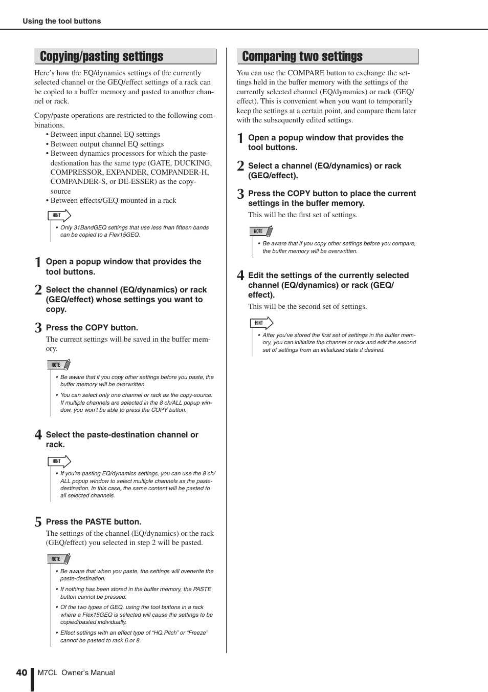 Copying/pasting settings, Comparing two settings | Yamaha M7CL-32 User Manual | Page 40 / 312