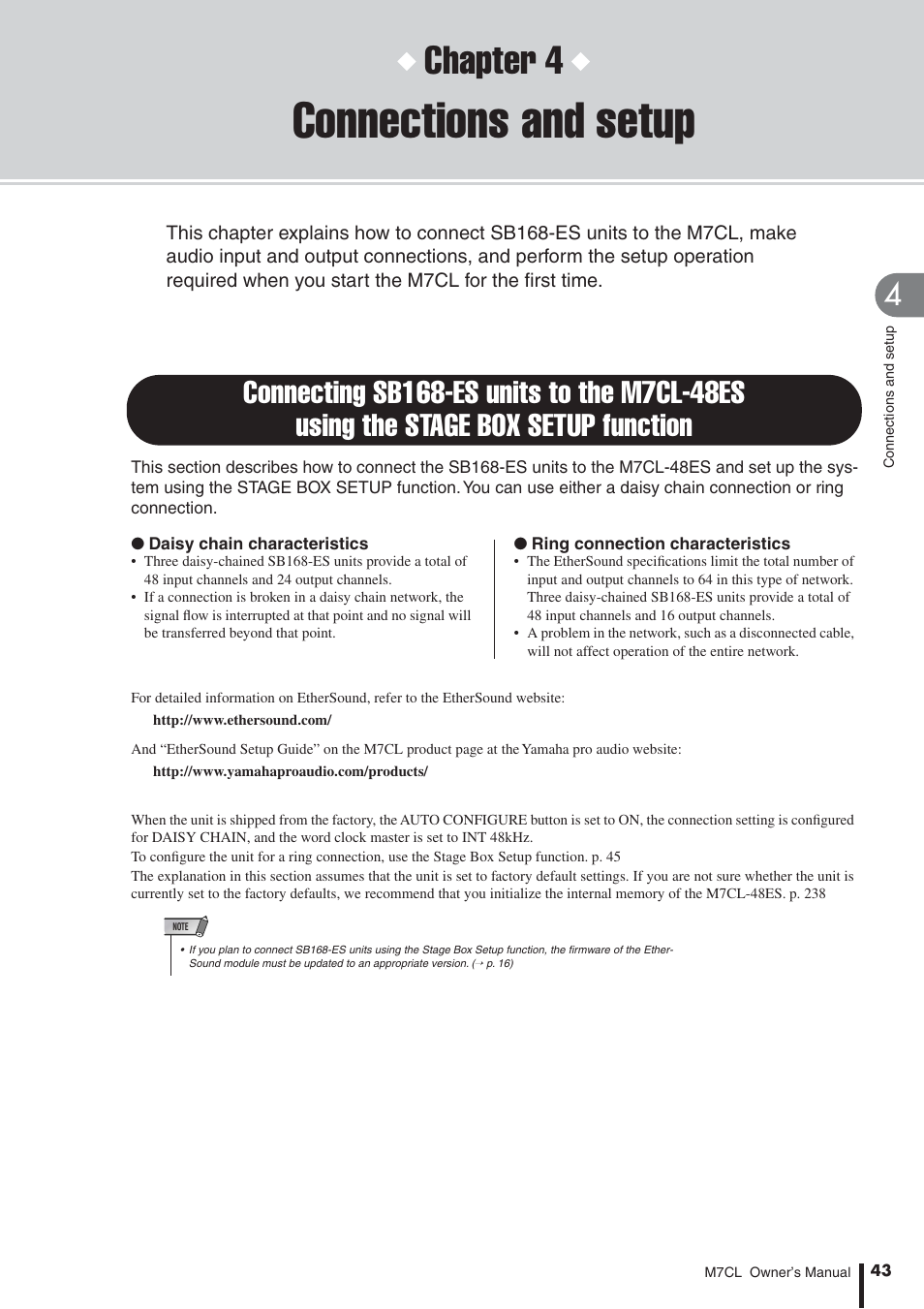 Connections and setup, Connecting sb168-es units to the m7cl-48es, Using the stage box setup function | Chapter 4 | Yamaha M7CL-32 User Manual | Page 43 / 312