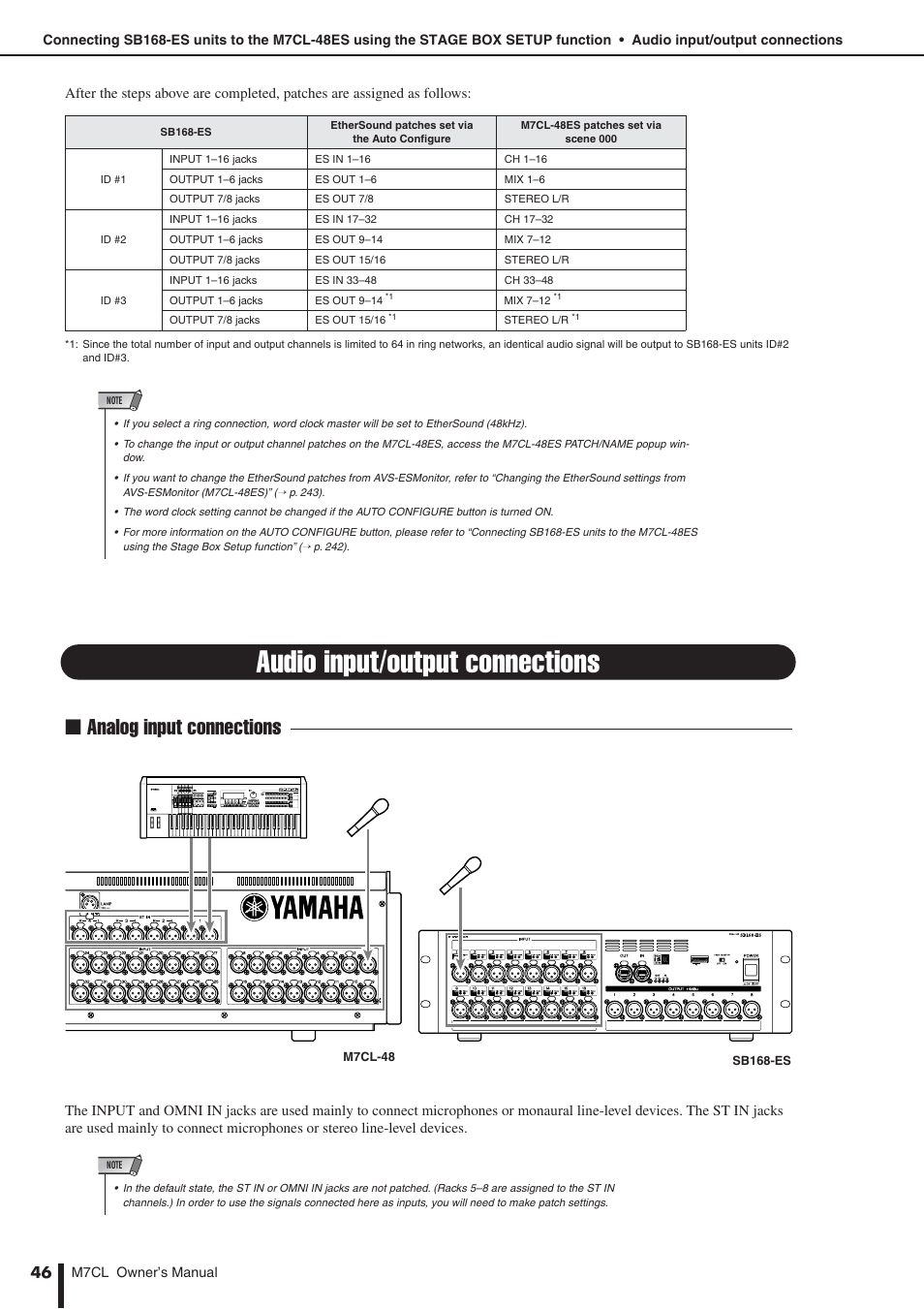 Audio input/output connections, Analog input connections | Yamaha M7CL-32 User Manual | Page 46 / 312