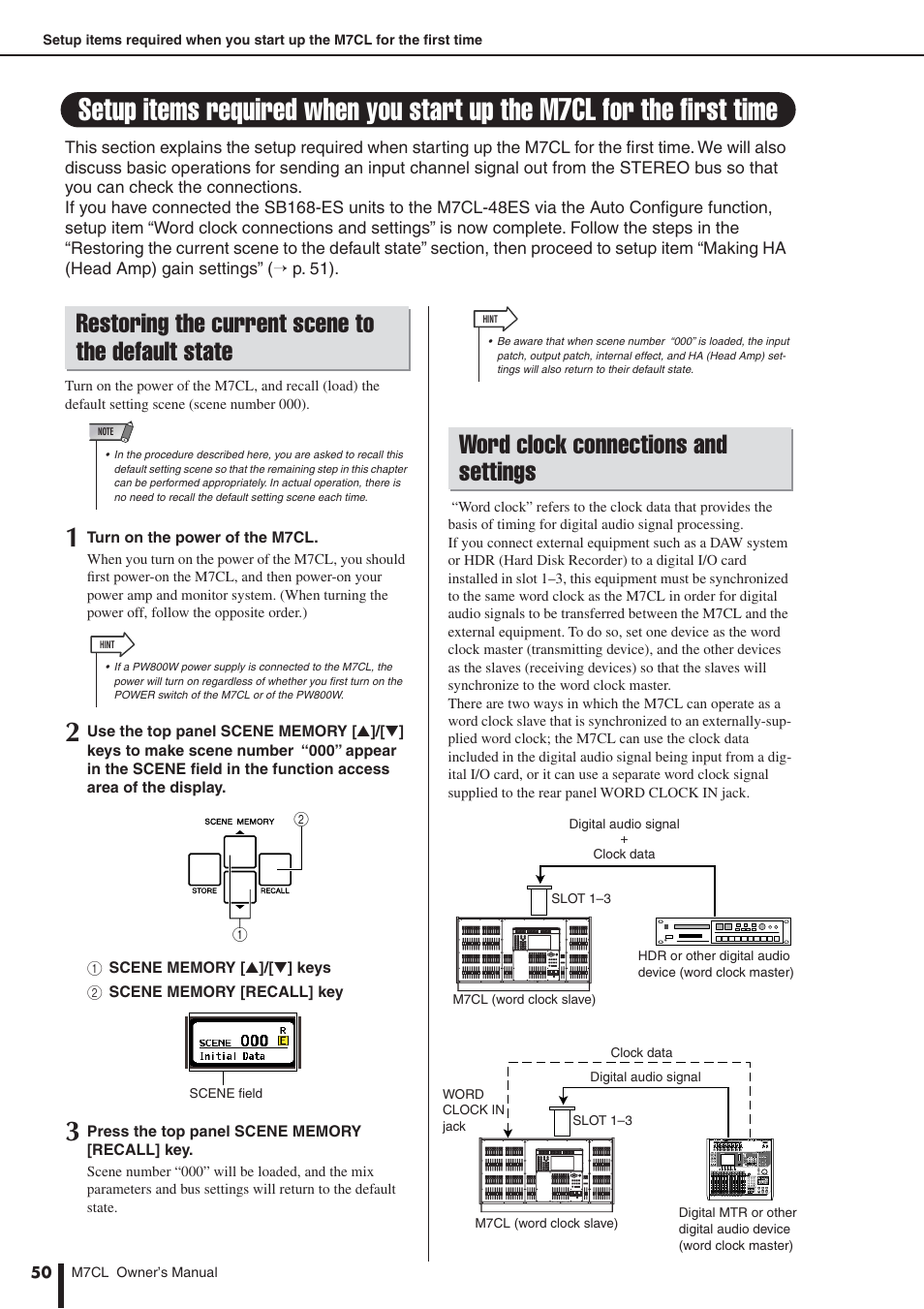 Restoring the current scene to the default state, Word clock connections and settings, Setup items required when you | Start up the m7cl for the first time | Yamaha M7CL-32 User Manual | Page 50 / 312