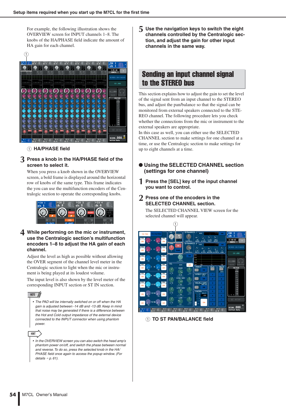 Sending an input channel signal to the stereo bus, Sending an input channel signal, To the stereo bus | Yamaha M7CL-32 User Manual | Page 54 / 312