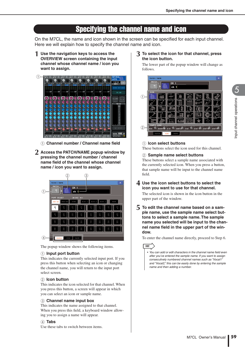 Specifying the channel name and icon, P. 59 | Yamaha M7CL-32 User Manual | Page 59 / 312