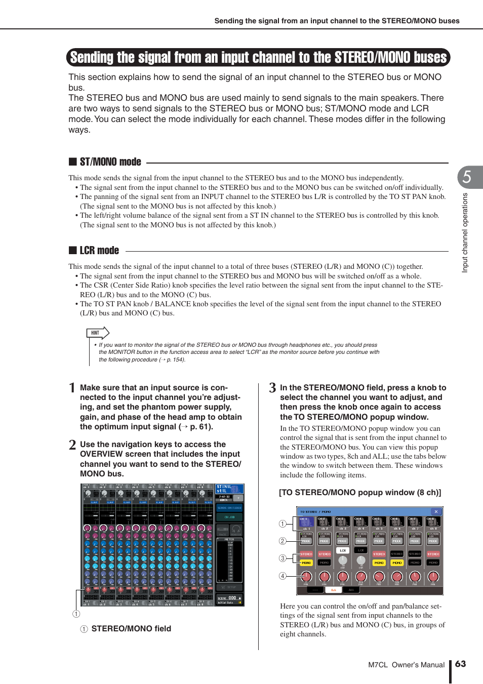 Sending the signal from an input channel, To the stereo/mono buses, St/mono mode ■ lcr mode | Yamaha M7CL-32 User Manual | Page 63 / 312