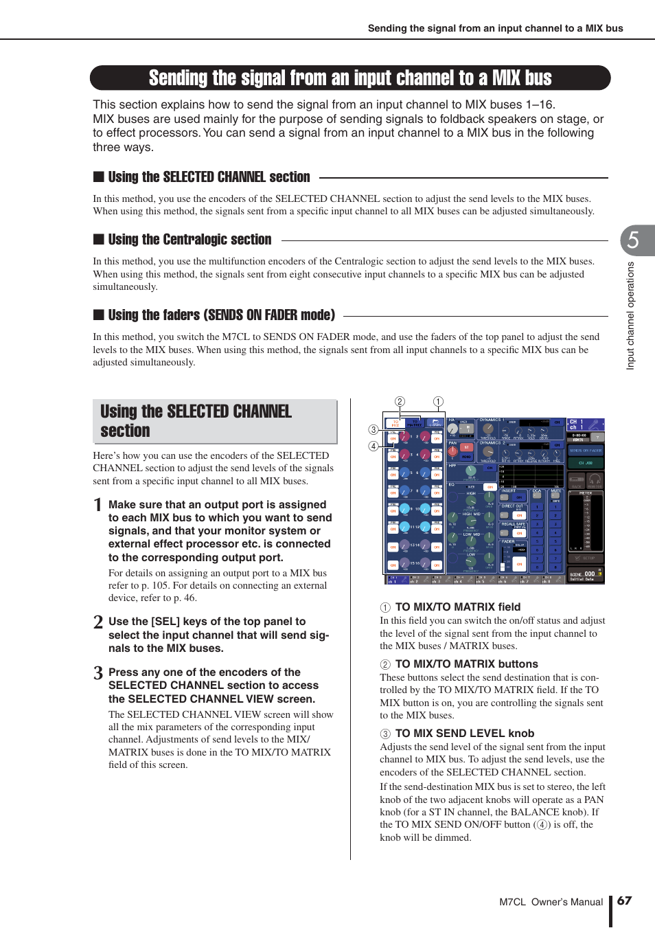 Using the selected channel section, Sending the signal from an input channel, To a mix bus | Yamaha M7CL-32 User Manual | Page 67 / 312