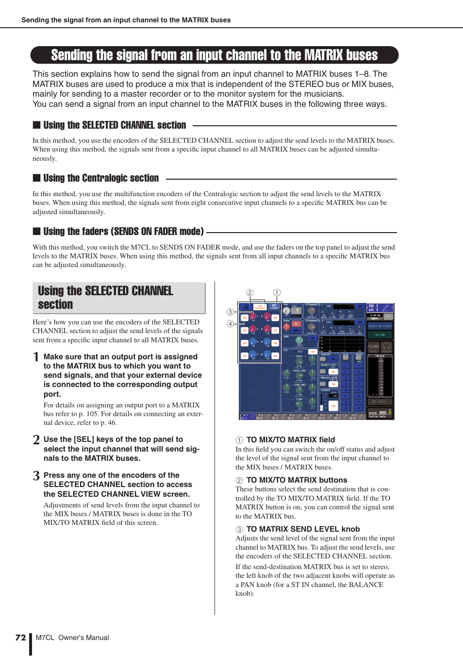 Using the selected channel section, Sending the signal from an input channel, To the matrix buses | Yamaha M7CL-32 User Manual | Page 72 / 312