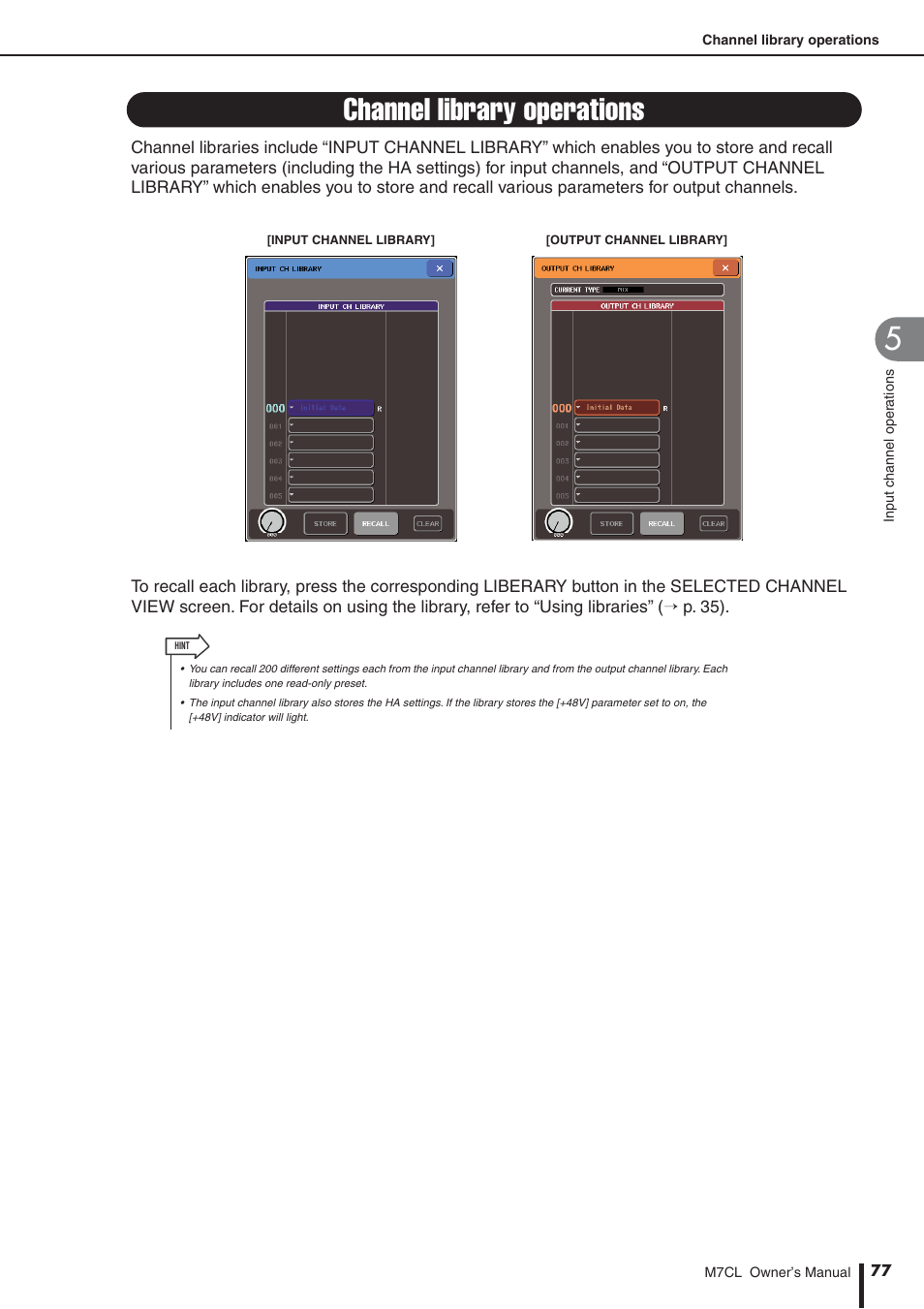 Channel library operations | Yamaha M7CL-32 User Manual | Page 77 / 312