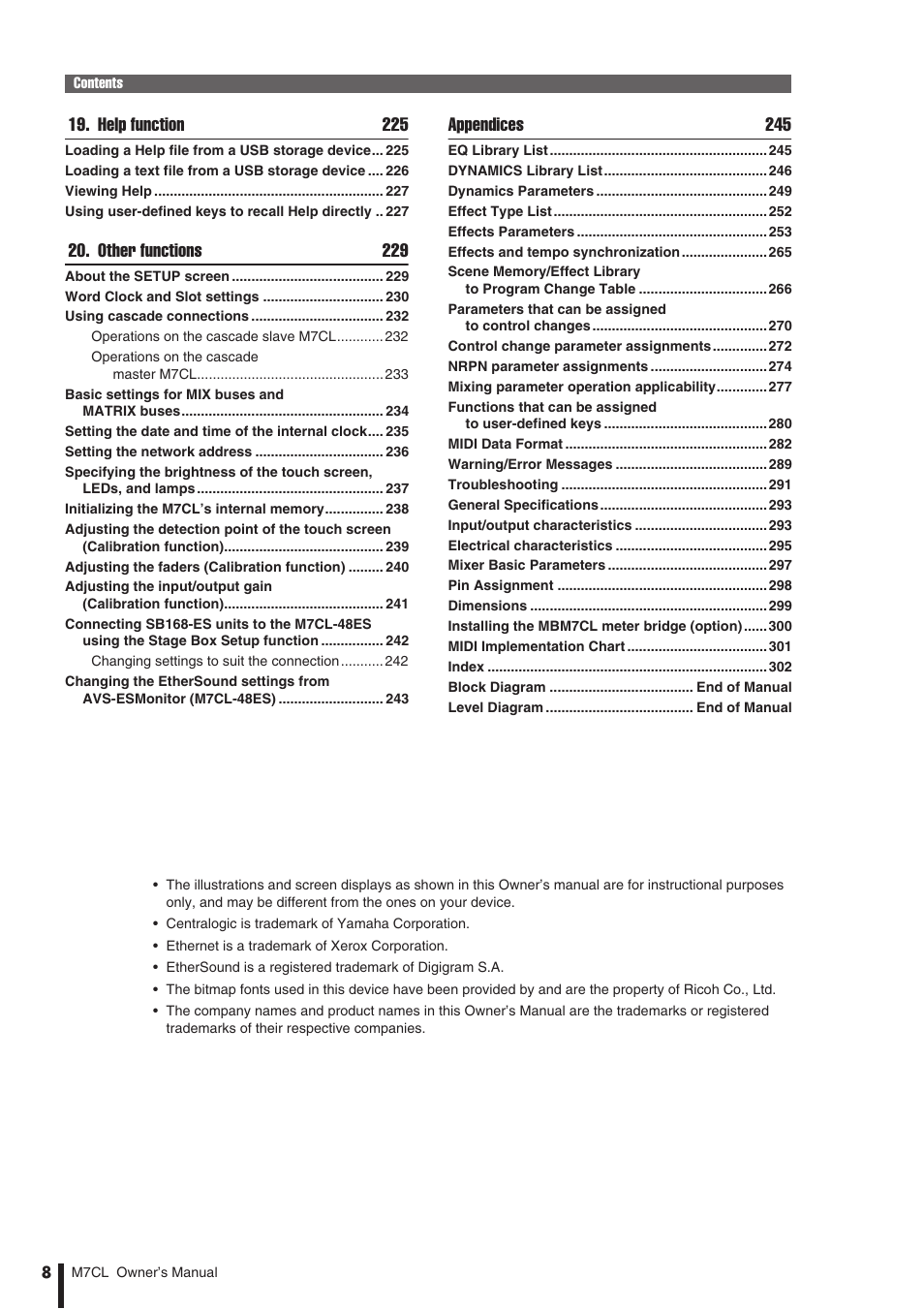 Help function 225, Other functions 229, Appendices 245 | Yamaha M7CL-32 User Manual | Page 8 / 312
