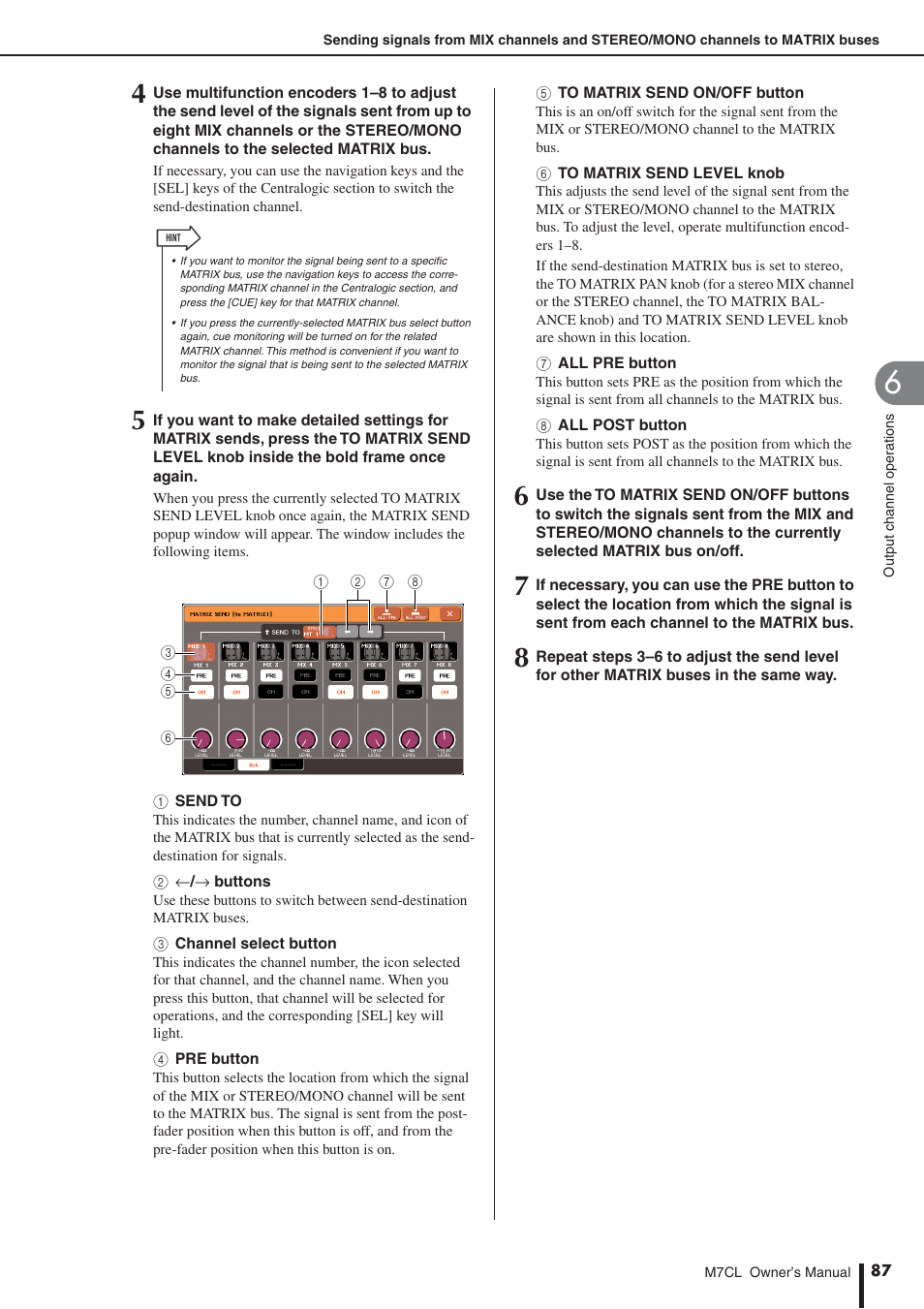To switch between pre and post, P. 87) | Yamaha M7CL-32 User Manual | Page 87 / 312