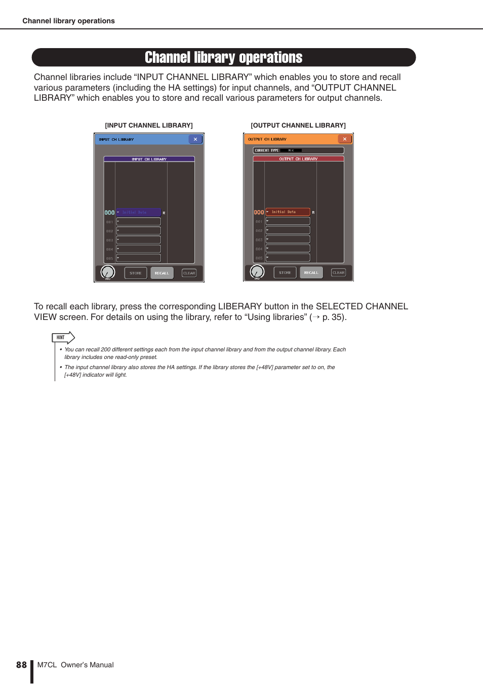 Channel library operations | Yamaha M7CL-32 User Manual | Page 88 / 312