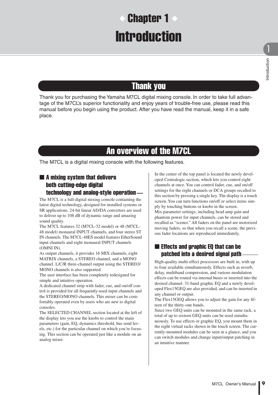 Introduction, Thank you, An overview of the m7cl | Chapter 1 | Yamaha M7CL-32 User Manual | Page 9 / 312