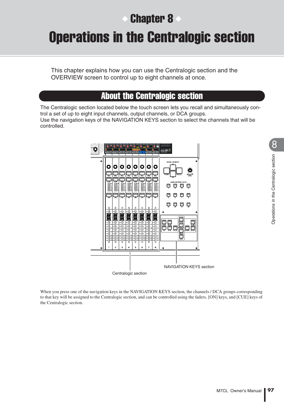 Operations in the centralogic section, About the centralogic section, Chapter 8 | Yamaha M7CL-32 User Manual | Page 97 / 312