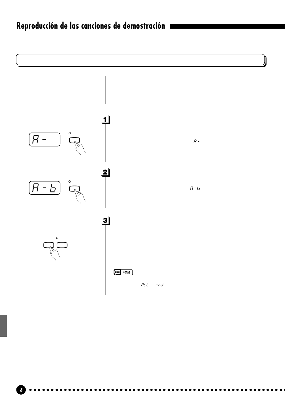 Reproducción de las canciones de demostración, Repetición a-b de canciones de piano, Especifique el principio (a) de la frase | Especifique el final (b) de la frase, Pare la reproducción | Yamaha CLP-411 User Manual | Page 11 / 56