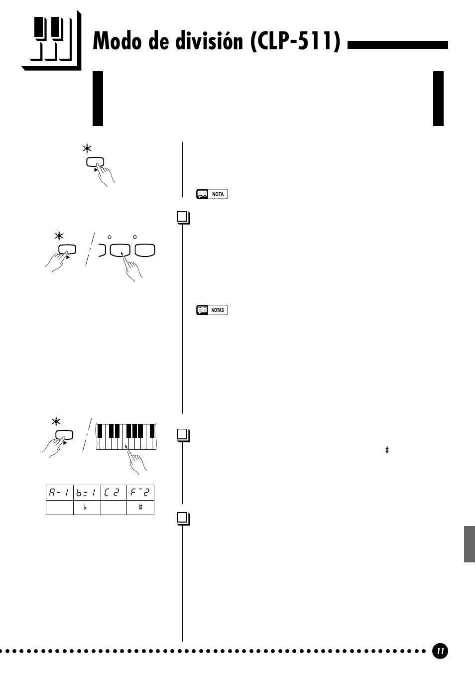 Modo de división (clp-511), Selección de la voz de la mano izquierda, A-1 b=1 c 2 f~2 | Otras funciones del modo de división, Ajuste del punto de división | Yamaha CLP-411 User Manual | Page 14 / 56