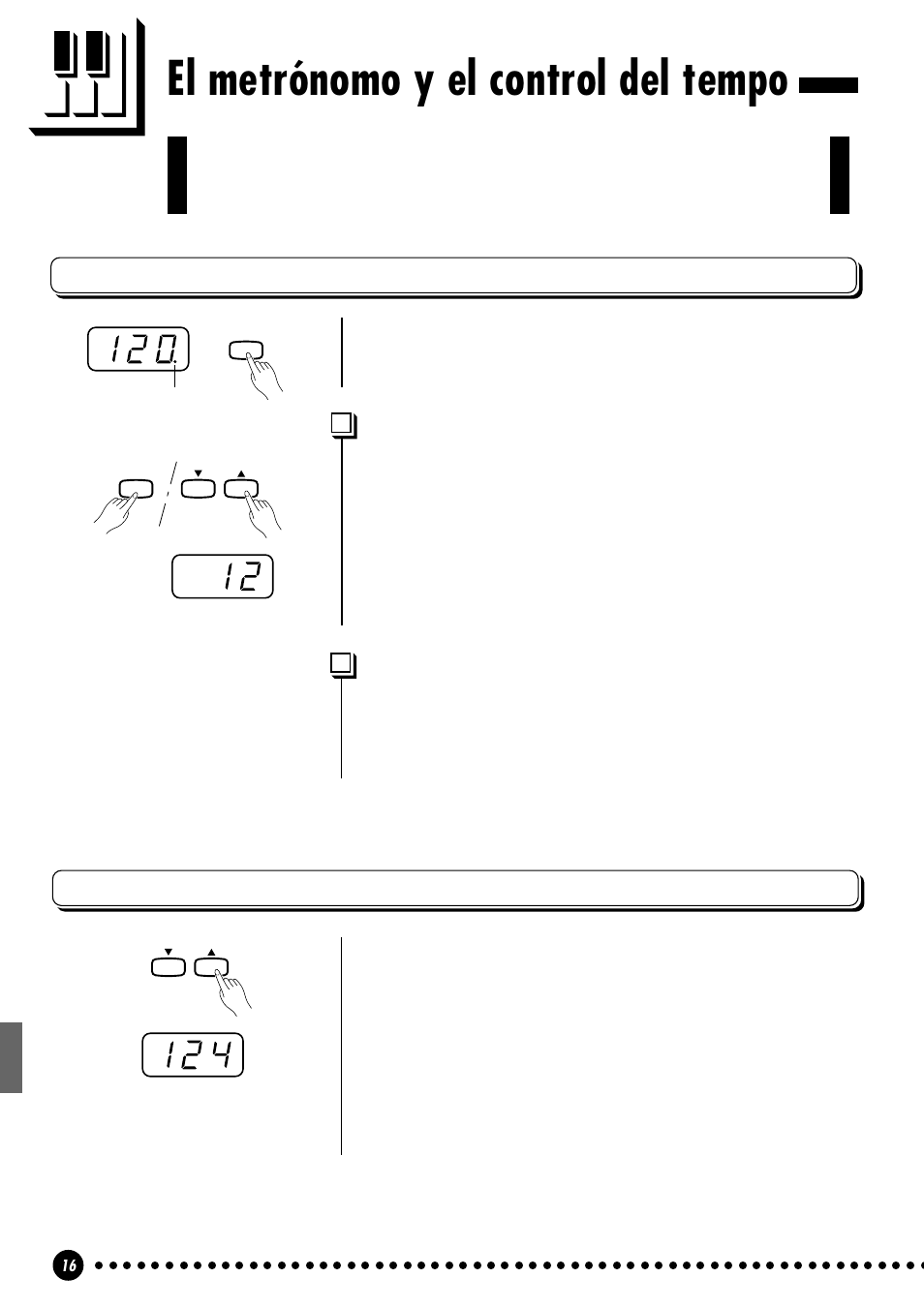 El metrónomo y el control del tempo, El metrónomo, Control del tempo | Volumen del metrónomo, Otras funciones del metrónomo | Yamaha CLP-411 User Manual | Page 19 / 56