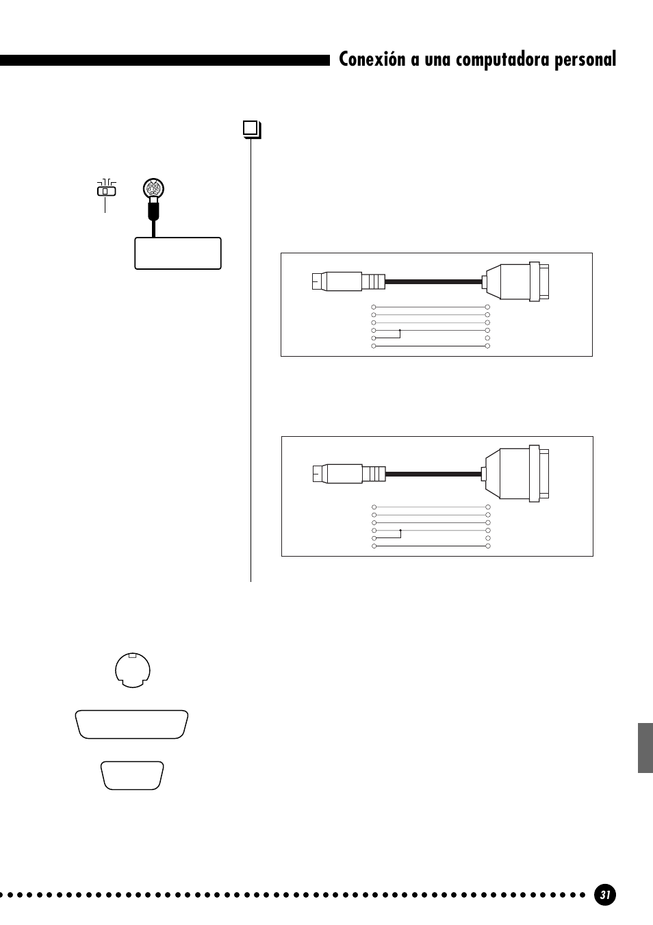 Conexión a una computadora personal, Conexión a una computadora de la serie ibm pc/at, Conexiones del cable “pc-2 | Conexiones del cable “pc-1, Números de patillas del conector | Yamaha CLP-411 User Manual | Page 34 / 56