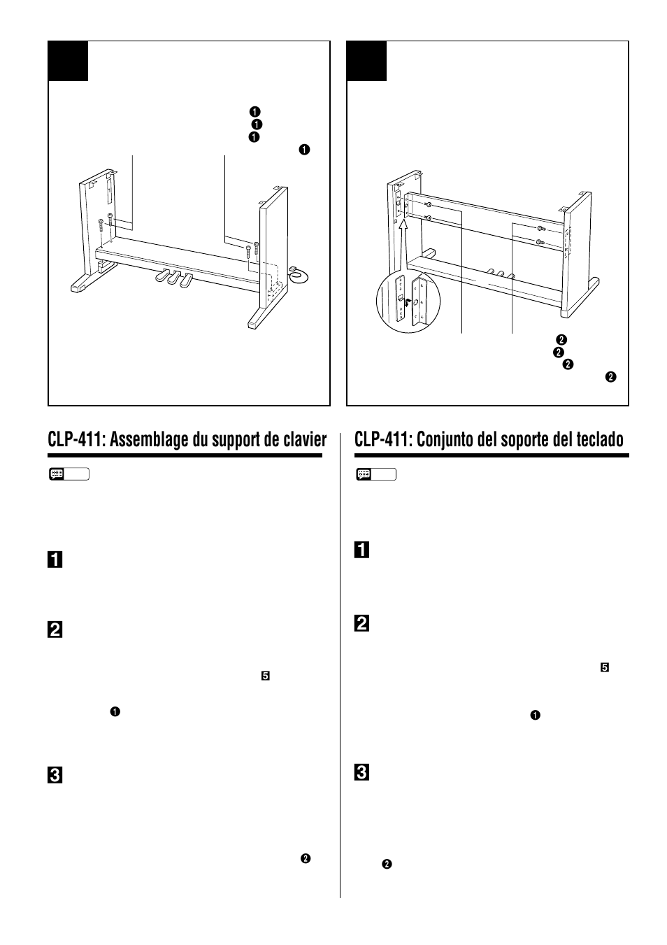 Clp-411: assemblage du support de clavier, Clp-411: conjunto del soporte del teclado | Yamaha CLP-411 User Manual | Page 38 / 56