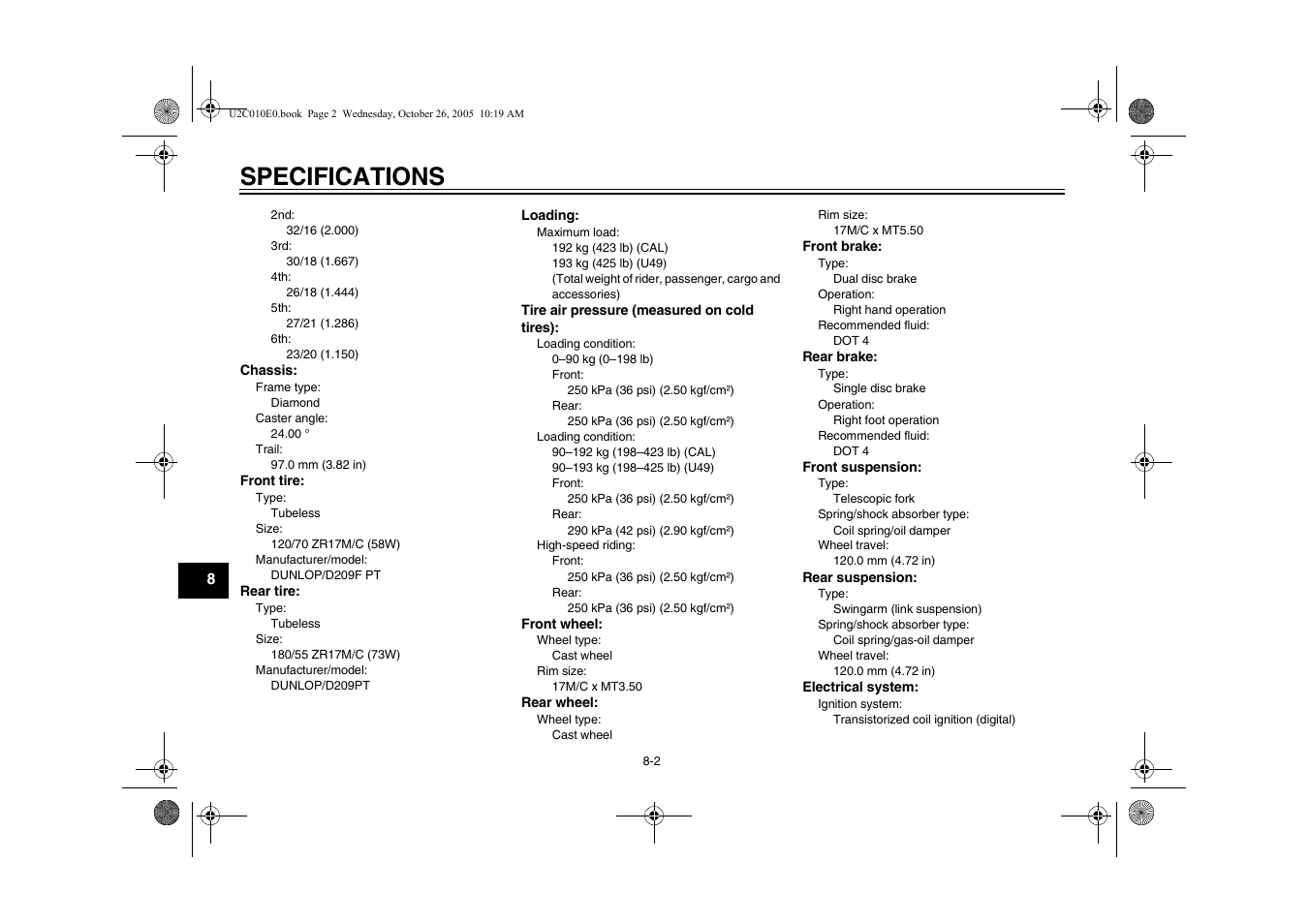 Specifications | Yamaha YZFR6V(C) User Manual | Page 102 / 116