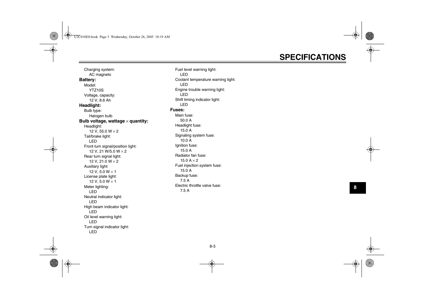 Specifications | Yamaha YZFR6V(C) User Manual | Page 103 / 116