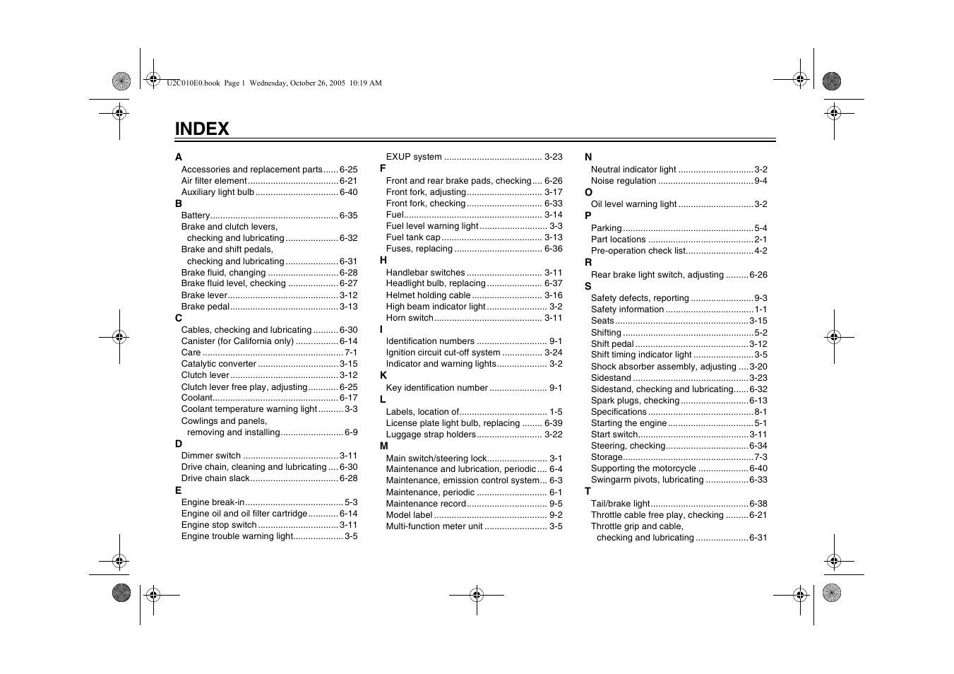 Index | Yamaha YZFR6V(C) User Manual | Page 114 / 116