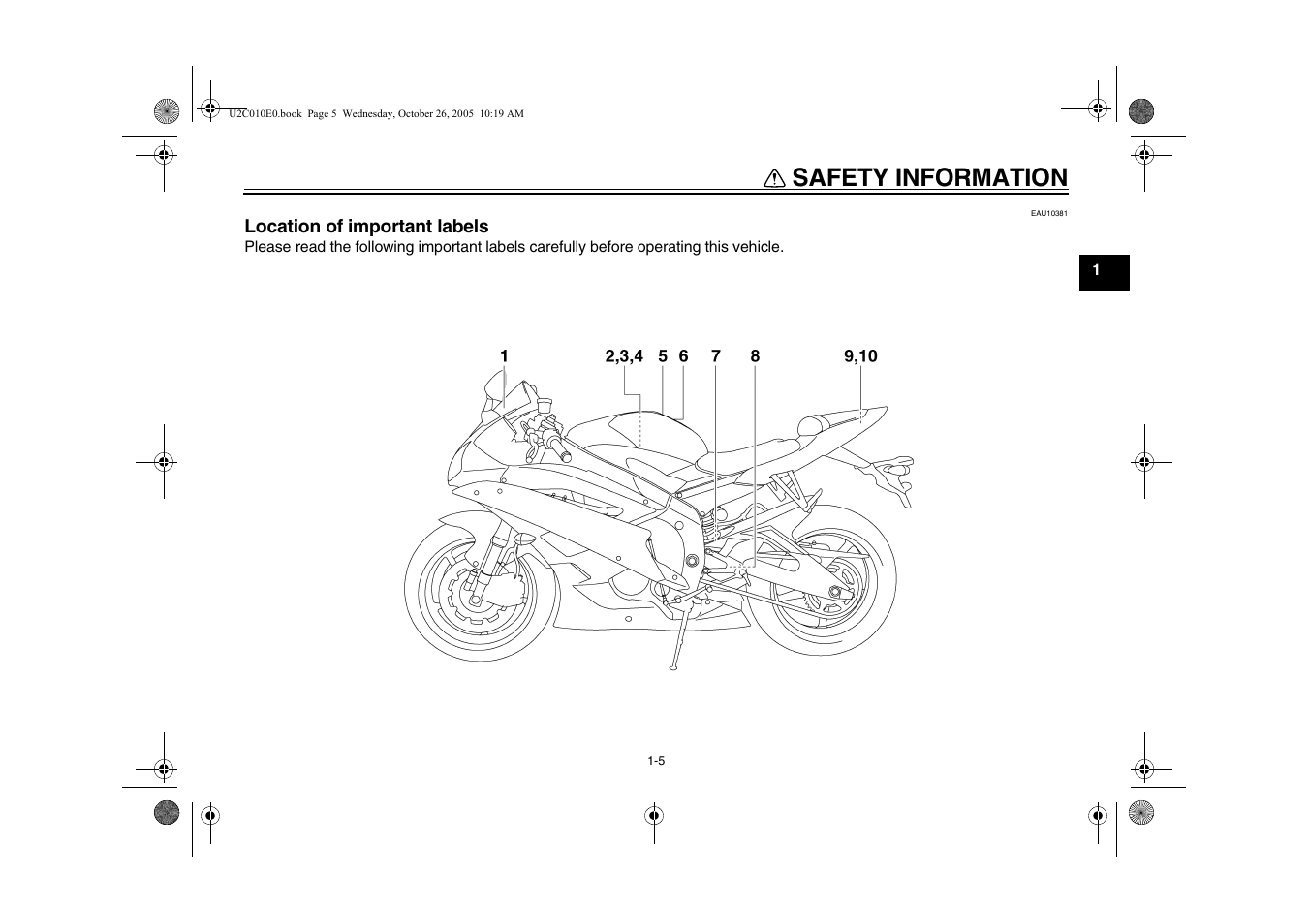 Location of important labels, Location of important labels -5, Safety information | Yamaha YZFR6V(C) User Manual | Page 13 / 116