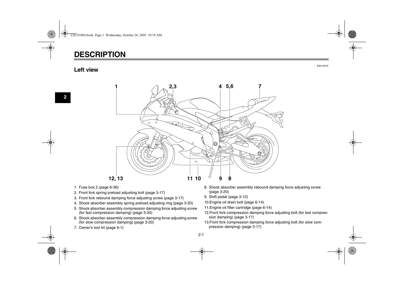 Description, Left view -1, Left view | Yamaha YZFR6V(C) User Manual | Page 16 / 116