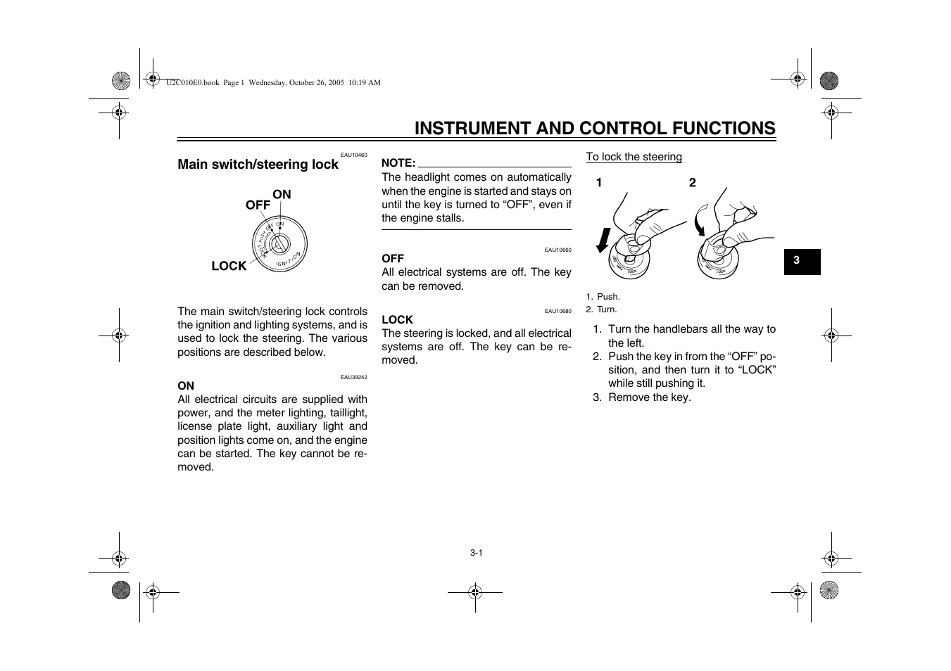 Instrument and control functions, Main switch/steering lock, Main switch/steering lock -1 | Yamaha YZFR6V(C) User Manual | Page 19 / 116