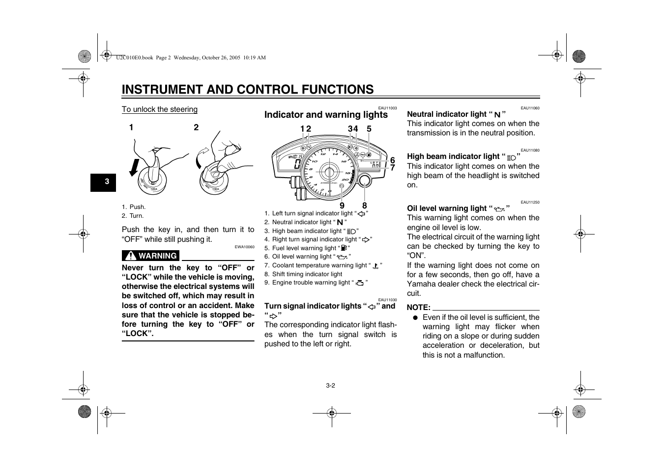 Indicator and warning lights, Indicator and warning lights -2, Instrument and control functions | Yamaha YZFR6V(C) User Manual | Page 20 / 116