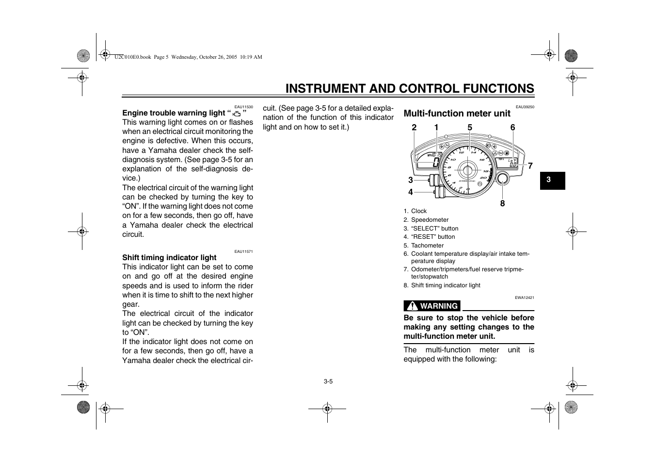 Multi-function meter unit, Multi-function meter unit -5, Instrument and control functions | Yamaha YZFR6V(C) User Manual | Page 23 / 116