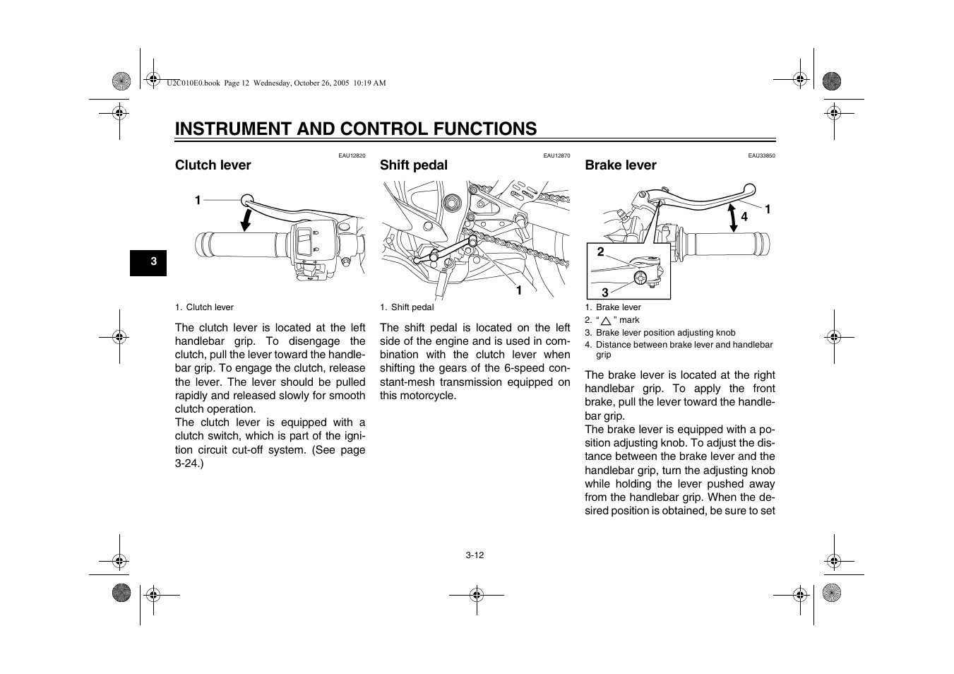 Clutch and brake lever, Shift pedal, Clutch lever -12 shift pedal -12 brake lever -12 | Instrument and control functions, Clutch lever, Brake lever | Yamaha YZFR6V(C) User Manual | Page 30 / 116