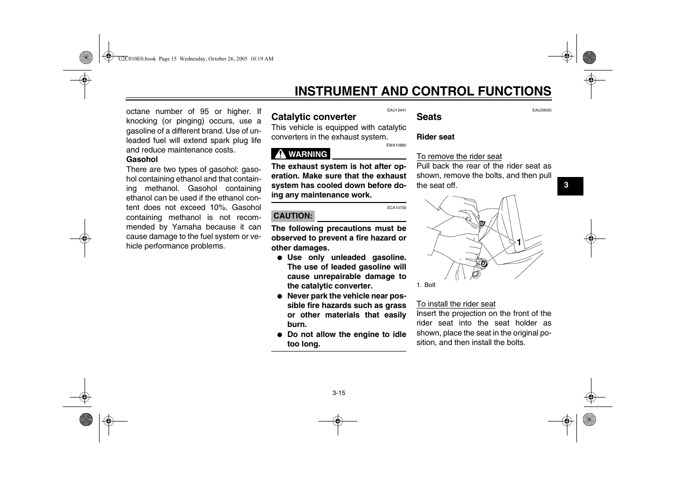 Seats, Catalytic converter -15 seats -15, Instrument and control functions | Yamaha YZFR6V(C) User Manual | Page 33 / 116