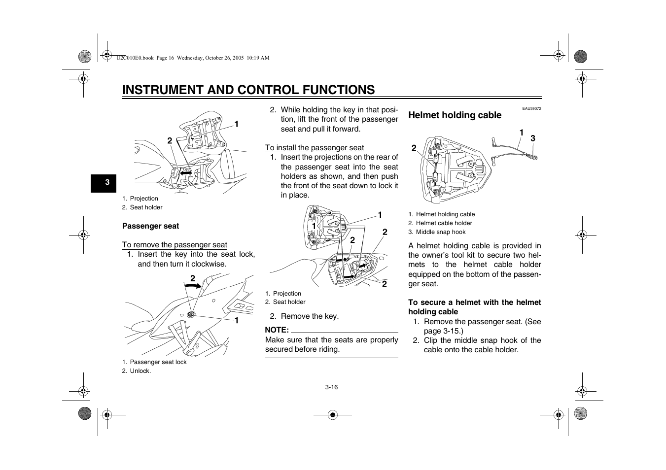 Helmet holding cable -16, Instrument and control functions | Yamaha YZFR6V(C) User Manual | Page 34 / 116