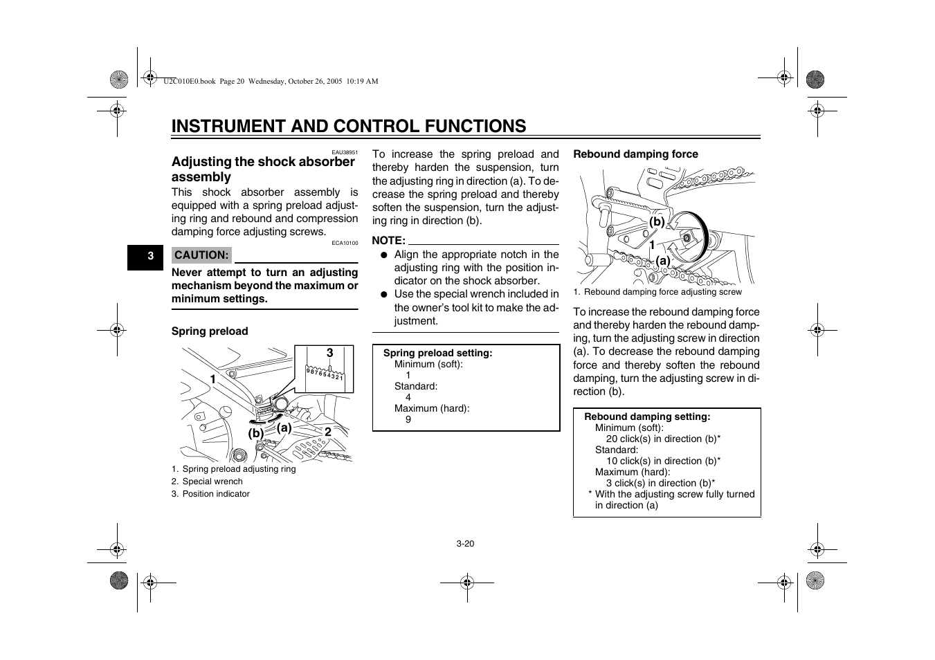 Adjusting the shock absorber assembly, Adjusting the shock absorber, Assembly -20 | E 3-20), Instrument and control functions | Yamaha YZFR6V(C) User Manual | Page 38 / 116