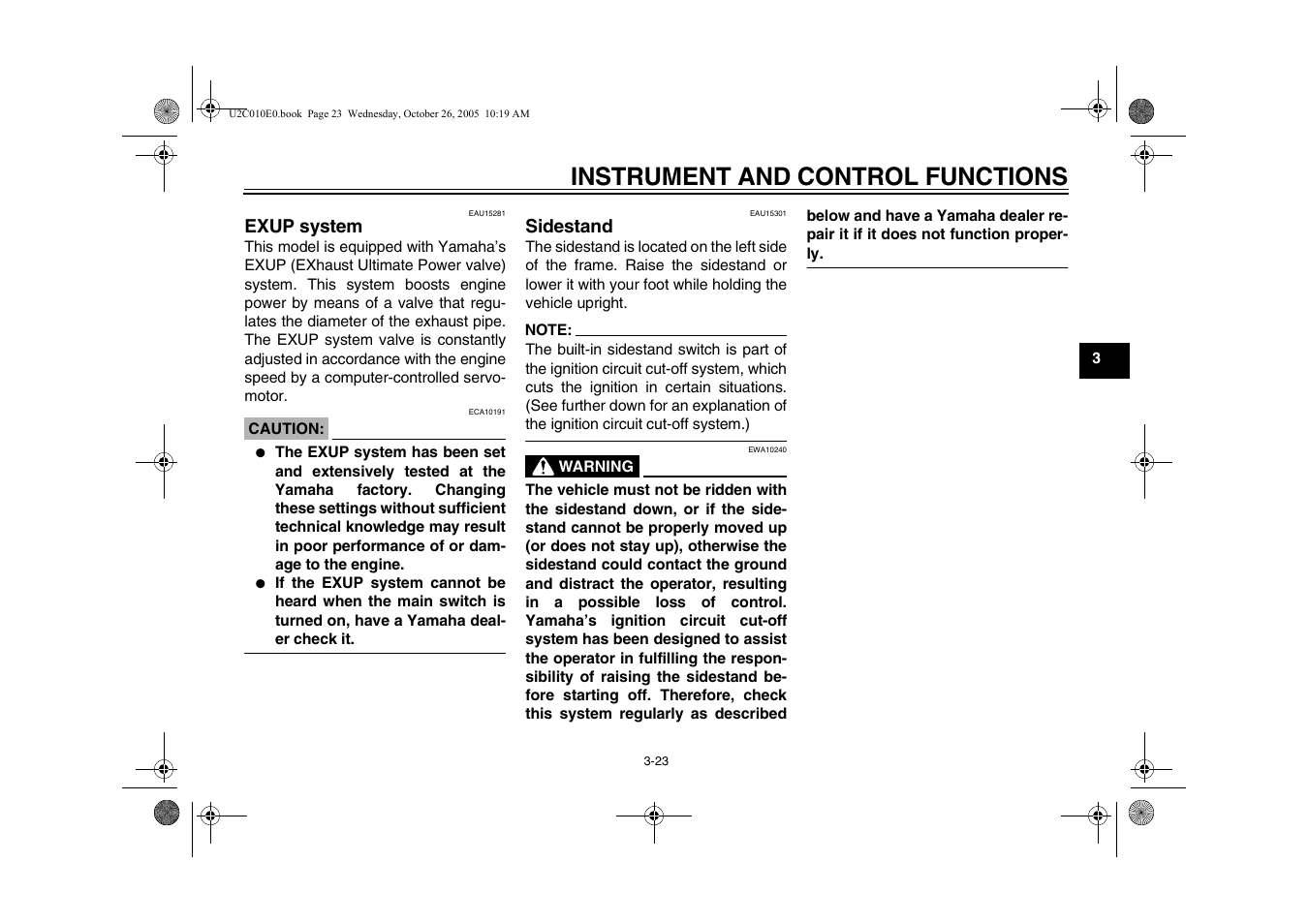 Exup system, Exup system -23 sidestand -23, Instrument and control functions | Yamaha YZFR6V(C) User Manual | Page 41 / 116