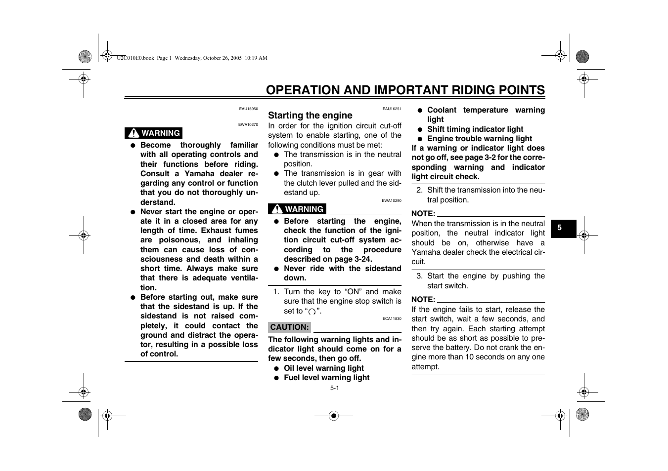 Operation and important riding points, Starting the engine, Starting the engine -1 | Yamaha YZFR6V(C) User Manual | Page 47 / 116