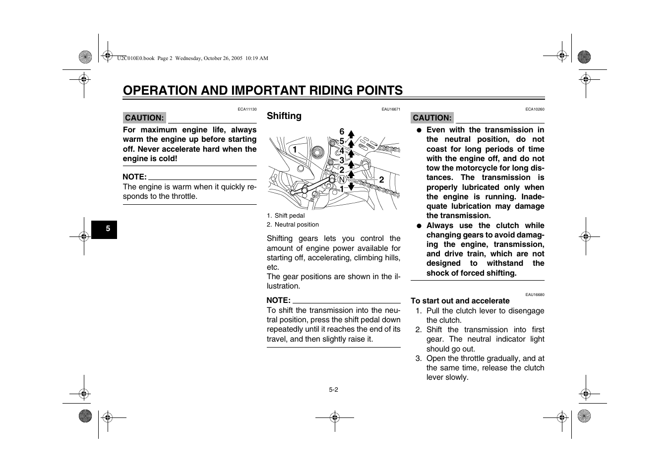 Shifting, To start out and accelerate, Shifting -2 | Operation and important riding points | Yamaha YZFR6V(C) User Manual | Page 48 / 116