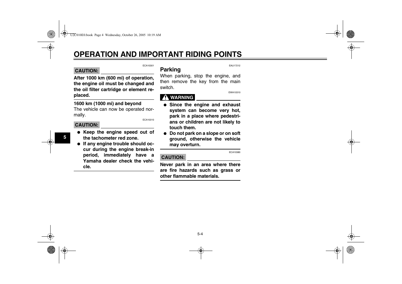 Parking -4, Operation and important riding points, Parking | Yamaha YZFR6V(C) User Manual | Page 50 / 116