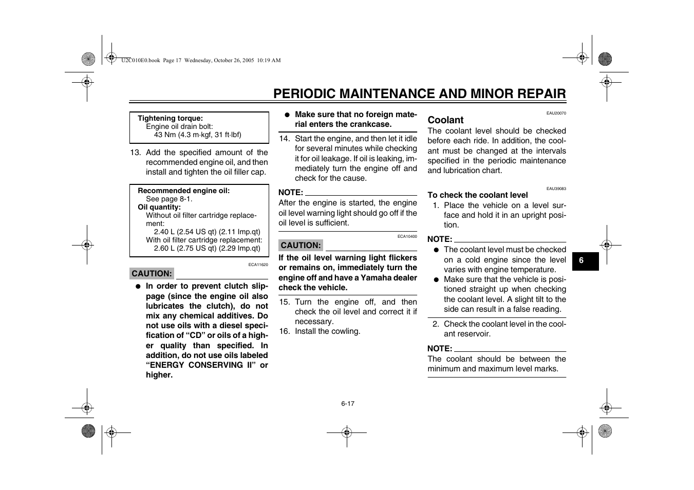 Coolant, Coolant -17, Periodic maintenance and minor repair | Yamaha YZFR6V(C) User Manual | Page 67 / 116