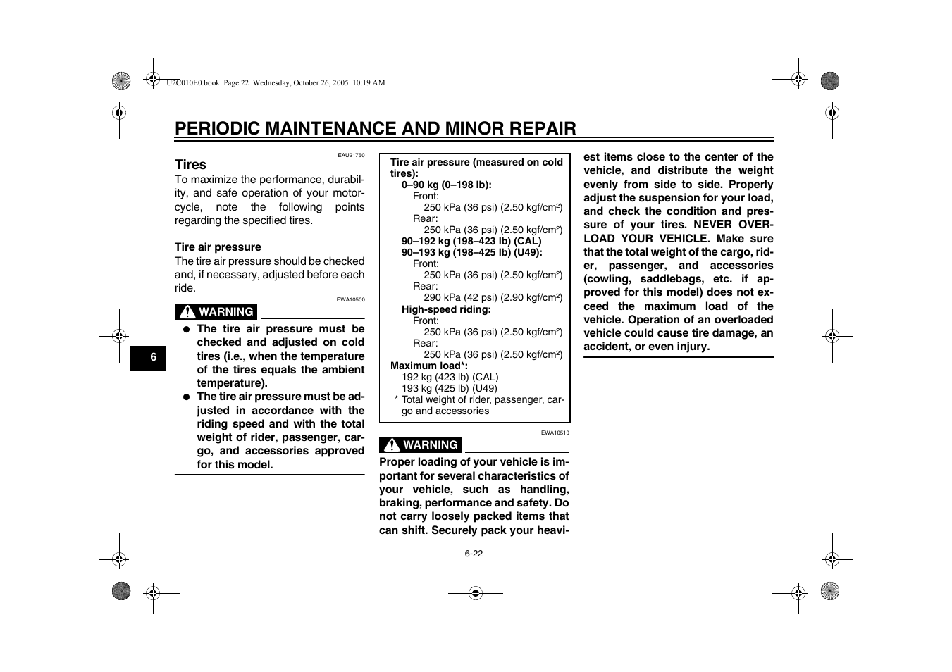 Tires, Tires -22, Periodic maintenance and minor repair | Yamaha YZFR6V(C) User Manual | Page 72 / 116