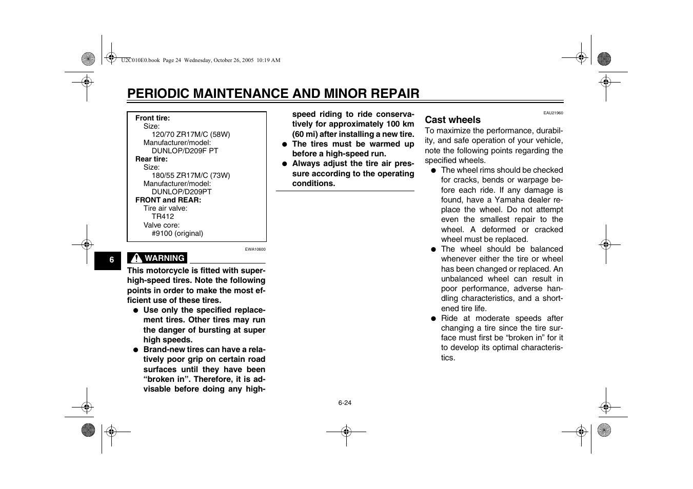 Cast wheels -24, Periodic maintenance and minor repair | Yamaha YZFR6V(C) User Manual | Page 74 / 116